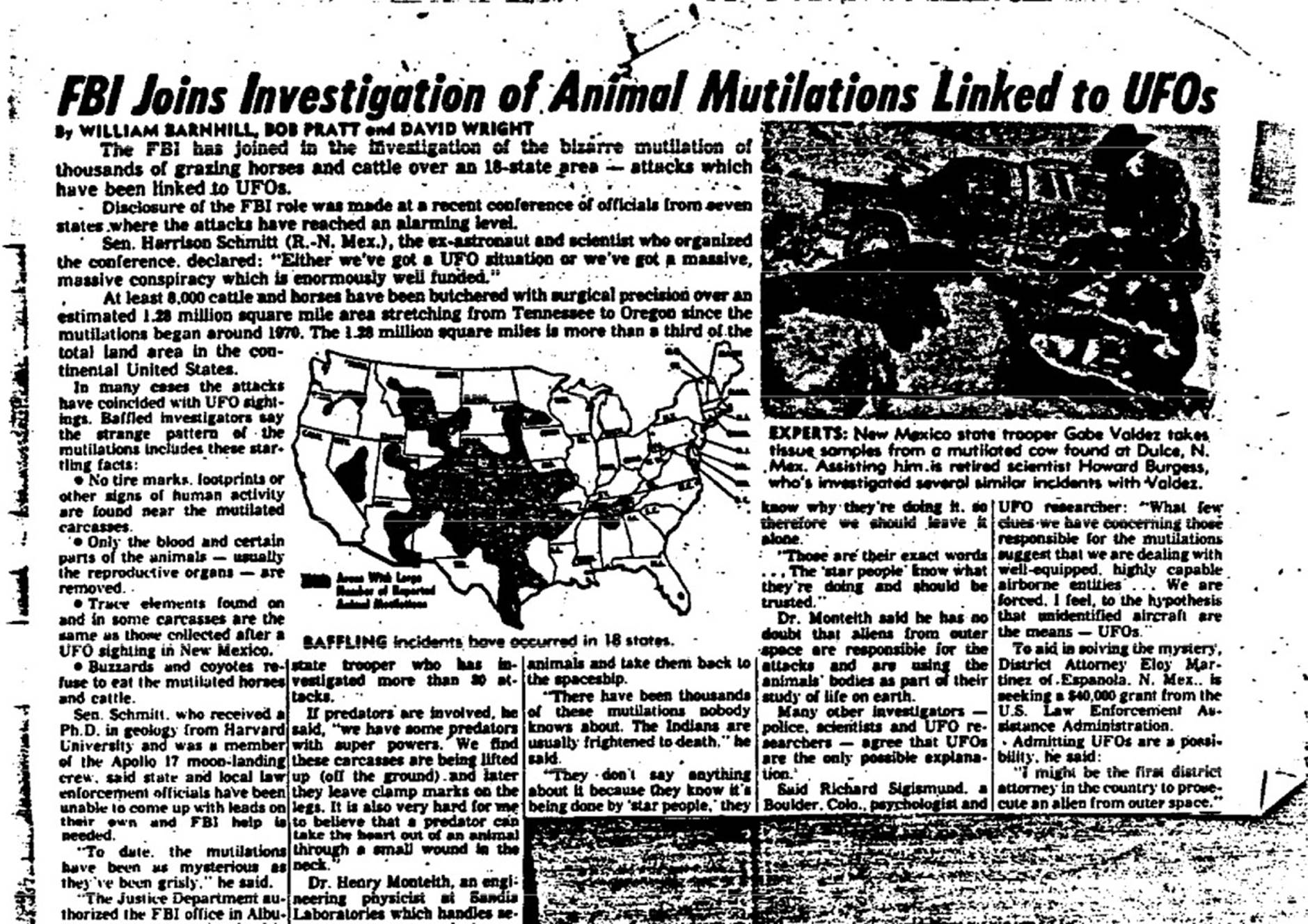 A newspaper clipping found in the now declassified FBI documents from their investigation into animal mutilations in the 1970s.